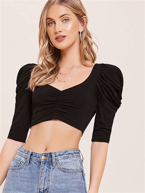 Long Puff Sleeve Shirred Crop Top Check Out This Long Puff Sleeve