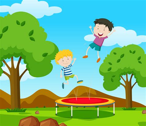 Two Boys Bouncing On Trampoline In The Park 448638 Vector Art At Vecteezy