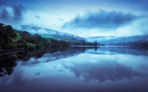 Nature Landscape Lake Trees Mountain Mist Blue Water Reflection