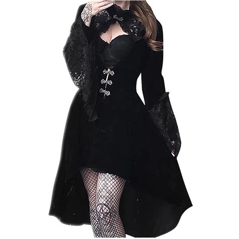 Womens Vintage Gothic Medieval Dress Lace Long Sleeve Lace Up Goth