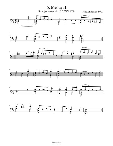 J S Bach Cello Suite N° 2 Bwv 1008 5 Menuet 1 Sheet Music For