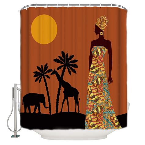 Black Woman African Savannah Tropical Landscape Pattern Shower Curtains Polyester Fabric