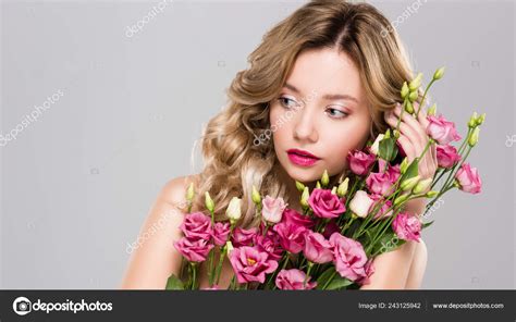 Naked Attractive Blonde Woman Posing Spring Eustoma Flowers Bouquet