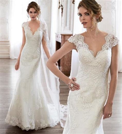 Exquisite Spring Cap Sleeves Wedding Dresses Mermaid 2015 Lace Applique Sweep Train V Neck