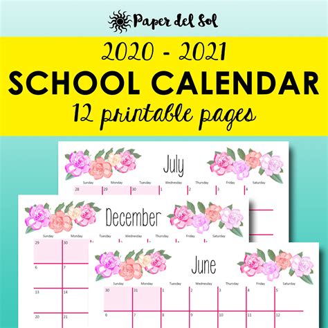 Printable Calendar 2020 2021 Academic Planner Monthly Planner Etsy