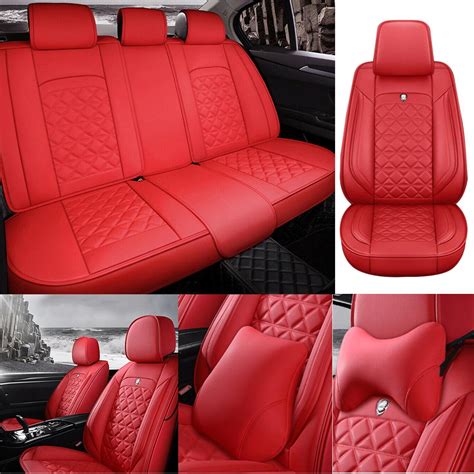 red luxury pu leather car seat covers 5 sit set cushion universal