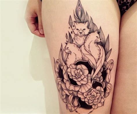 Vintage Style Black And White Thigh Tattoo Of Various Cats