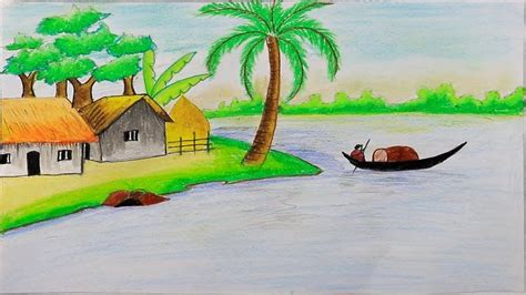 How To Draw A Beautiful Scenery Of A Riverside Village Step By Step