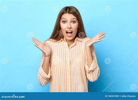 Cheerful Happy Young Woman Raises Palms From Joy Stock Photo Image Of