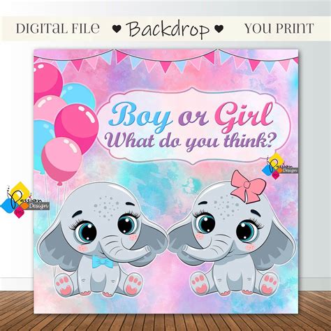 Printable Gender Reveal Baby Elephants Pink Blue Backdrop Boy Etsy