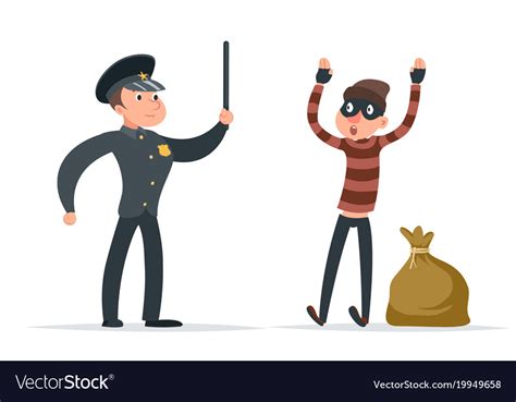 Caught Thief Surrender Loot Policeman Character Vector Image