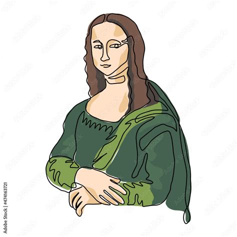 Mona Lisa Gioconda Cartoon Vector Portrait Illustration Line Art