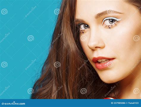 Young Pretty Adorable Brunette Woman With Curly Hair Closeup Like Doll