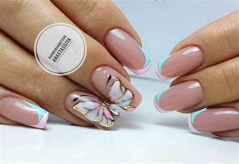 Blue And White French Nails Butterfly Nail Art Butterfly Nails