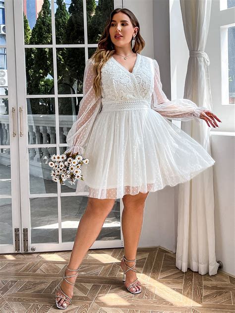 Simplee Plus Contrast Lace Flounce Sleeve Mesh Dress Plus Size Wedding