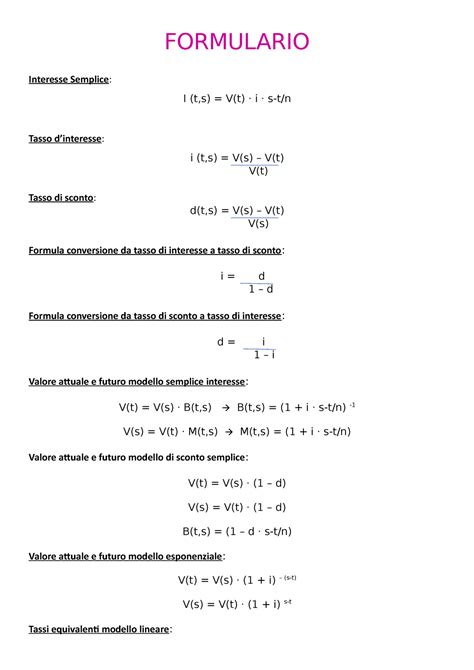 Formulario Matematica Finanziaria Formulario Interesse Semplice I T