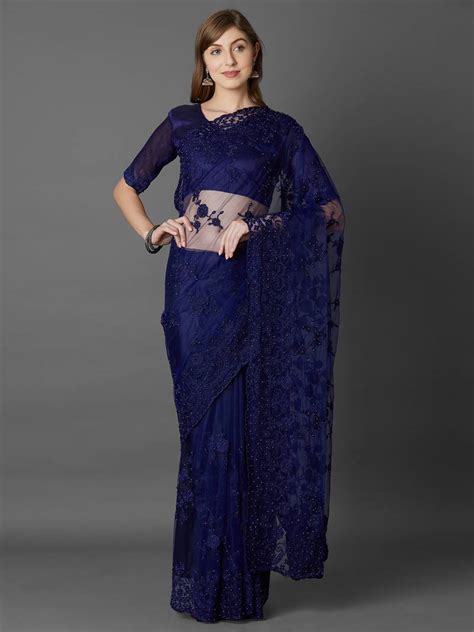 Navy Blue Embroidered Net Saree With Blouse Glowsilk 3009514
