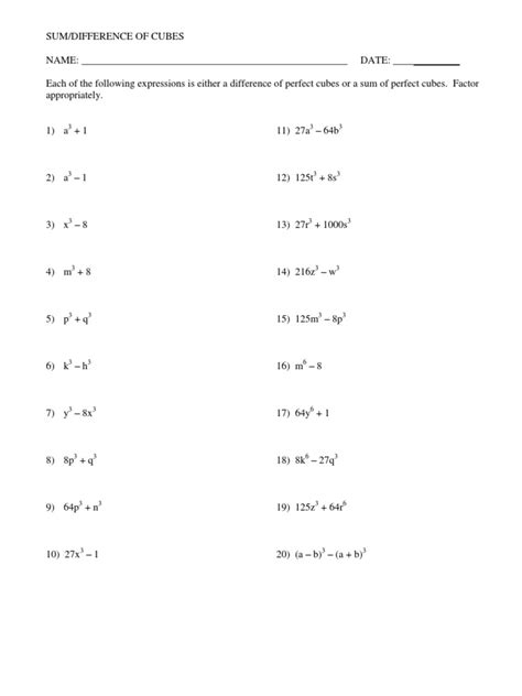 Sum And Difference Of Cubes Worksheet