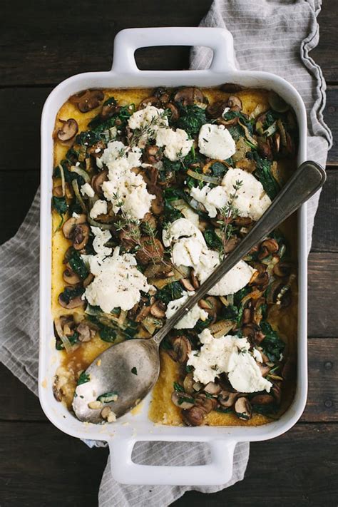 Polenta, a porridge or mush usually made of ground corn (maize) cooked in salted water. Cheese and Mushroom Polenta Bake with Greens and ...