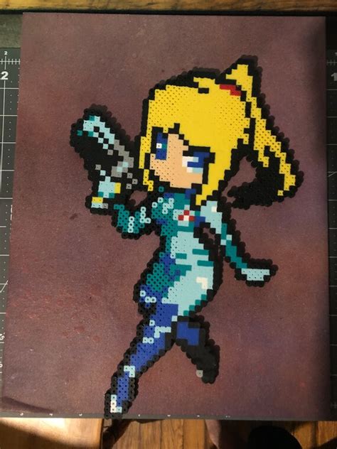 Zero Suit Samus Metroid Perler Bead Art On Painted Canvas Etsy