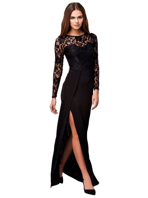 Fashion Long Dress Ml Elegant Black Thigh High Slit Long Sleeve Lace