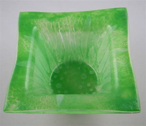 Handmade Fused Glass Green Square Drop Vase Elegant Fused Glass By Karen