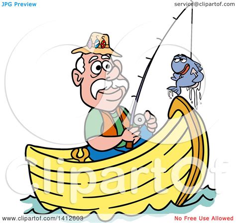 Clipart Of A Cartoon Caucasian Man Fishing In A Boat And Talking With A