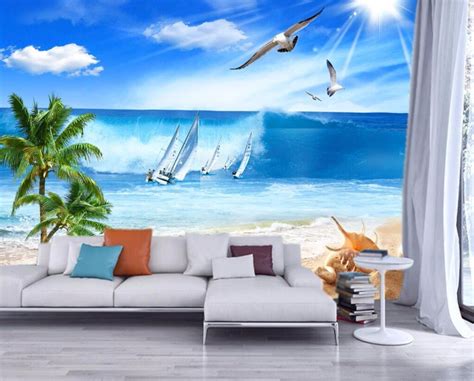 Custom Mural 3d Photo Wallpaper Seaside Sailing Home Decor Painting 3d
