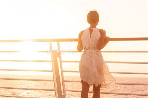 Cruise Ship Vacation Woman Luxury Travel Watching Sunset Over Ocean