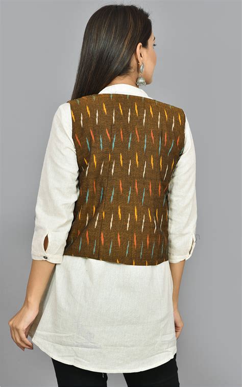 Buy Brown Orange And Cyan Ikat Cotton Koti Jacket For Best Price
