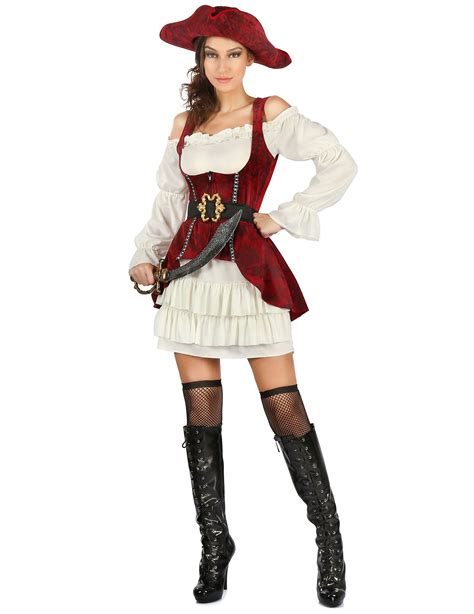 Rødt og hvidt piratkostume til kvinder køb Kostumer til voksne på