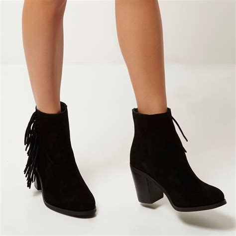 river island black suede fringed ankle boots lyst