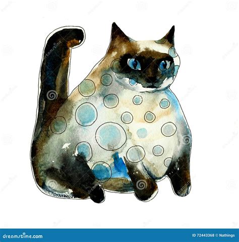 Spotted Watercolor Siam Fat Cat Stock Illustration Illustration Of