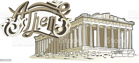 Vetores De O Partenon Em Atenas E Acrópole Com Gravação E Mais Imagens
