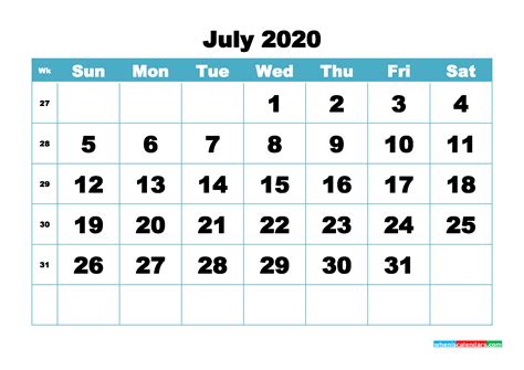 Blank July 2020 Calendar Printable Nom20b415