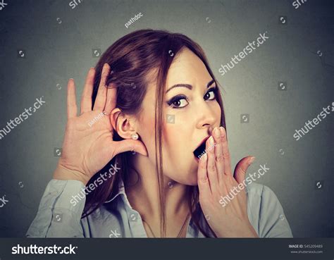 Surprised Woman Hand Ear Carefully Secretly Stock Photo 545209489