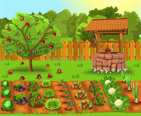 Cartoon Garden With Fruits And Vegetables Stock Vector Illustration