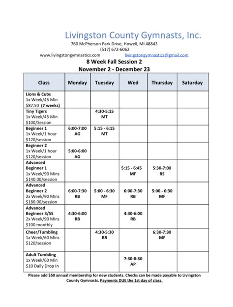 Class Schedule Livingston County Howell Gymnastics