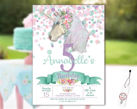 Confetti Unicorn Floral Birthday Invitation Printable Template