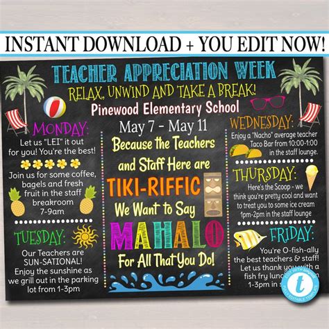 Beach Themed Teacher Appreciation Week Itinerary Poster Hawaiian Theme