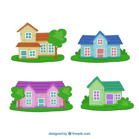 Free Vector Facades Of Houses With Gardens Pack