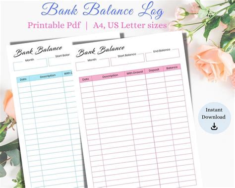 Printable Bank Balance Bank Account Log Savings Account Transactions