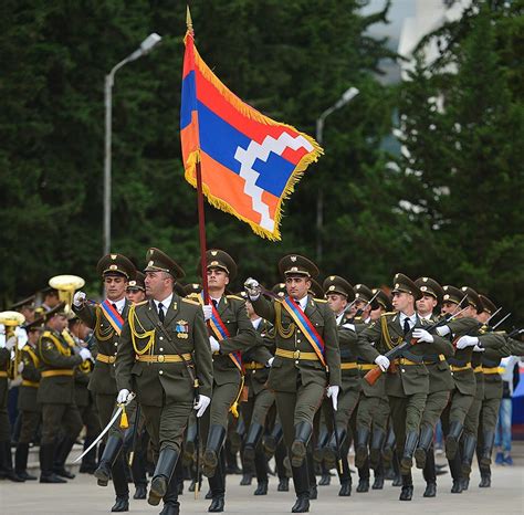 Members of the Artsakh Republic Defense Army marching in Stepanakert ...