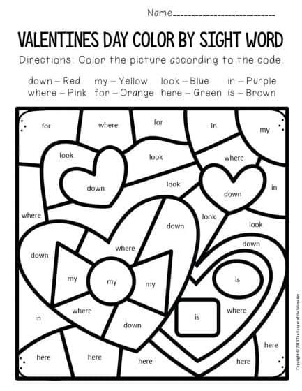Color By Sight Word Valentines Day Preschool Worksheets