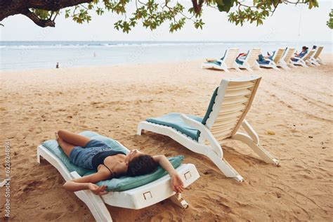 Woman Sea Lying Ocean Smiling Sunbed Sand Lifestyle Summer Beach Resort Stock Photo Adobe Stock