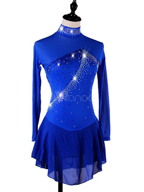Figure Skating Dress Skating Wear Royal Blue Women Long Sleeve Beaded