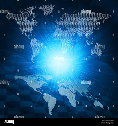Glowing Figures And World Map Hi Tech Technological Background Stock