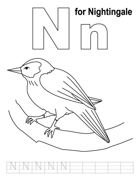 N For Nightingale Coloring Page With Handwriting Practice Download