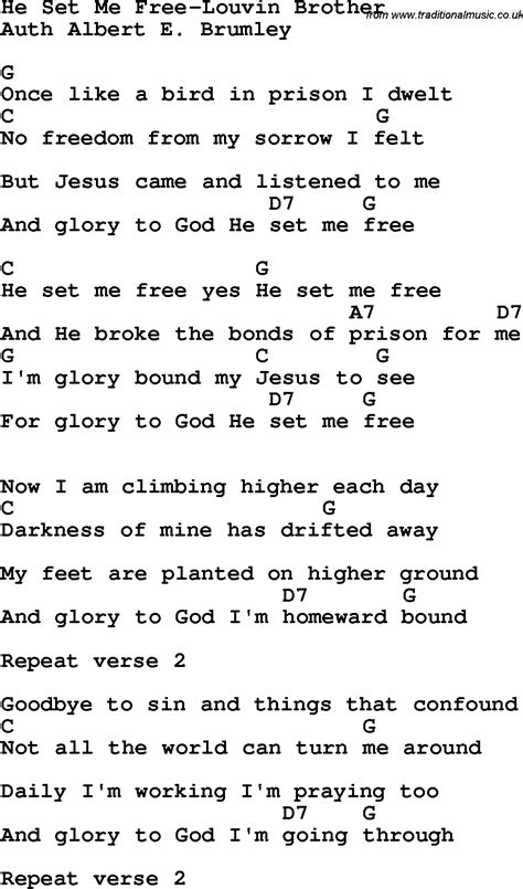 Country Southern And Bluegrass Gospel Song He Set Me Free Louvin Free Printable Gospel Music