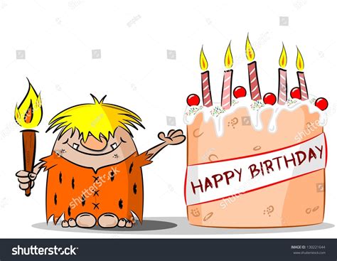 Cartoon Caveman With Happy Birthday Cake Stock Photo 130221644